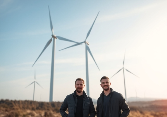 The two founders of our glorious energy empire standing below their wind turbines. One was later removed from the company in a hostile takeover by the other.