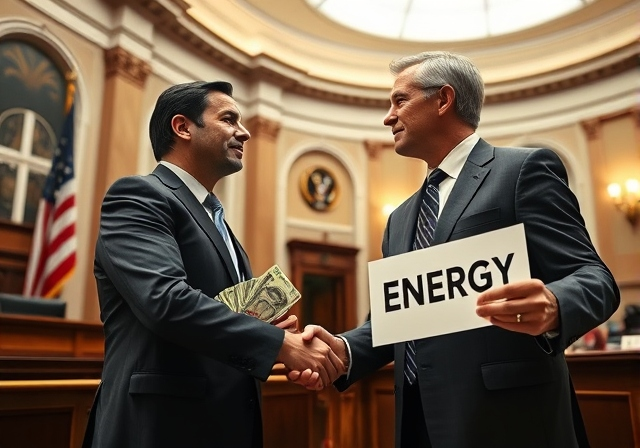 Two Gentleman Shaking hands in the Capital. One holds a sign that says energy, the other cash.